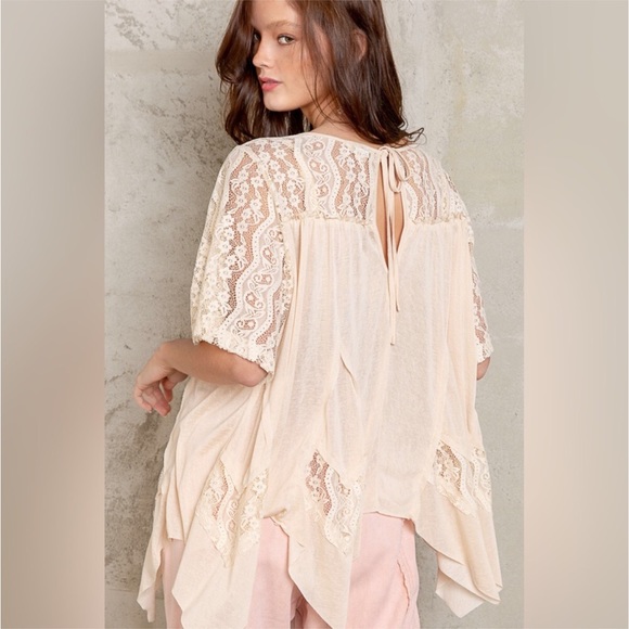 POL Tops - POL Sheer Slub Knit Cream Lace Short Sleeve Back Tie Top